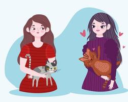 unga kvinnor karaktärer med katter husdjur tecknade vektor