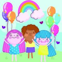 glada tjejer och pojke med festballonger regnbåge tecknad, barn vektor