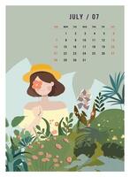 tryckfjäder söt affisch, vektor illustration av en Lycklig kvinna i natur, flicka med landskap omgiven förbi blommig mönster. juli 2024 datum