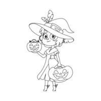 ein jung Mädchen gekleidet wie ein Hexe glücklich hält ein Kürbis und ist aufgeregt zum Halloween.linear Stil. vektor