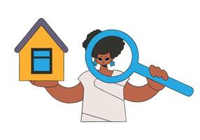 verklig egendom fastighetsmäklare kvinna innehav en hus och en förstorande glas. hus äganderätt. vektor