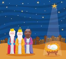 födelse, krybba tre kloka kungar och baby Jesus med stjärntecknad film vektor