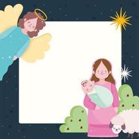 Krippe, Krippe Maria mit Baby und Engel mit Schafkartenkarikatur vektor