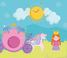 Prinzessin Märchen Mädchen mit Kronenwagen Einhorn Sonne Himmel Cartoon vektor