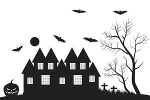 Halloween Grusel Schloss verfolgt Haus Gebäude Silhouette Vektor, schwarz und Weiß Schläger und Geist gespenstisch Haus, unheimlich Nacht Party 31 Oktober Illustration Thema, Bäume Kürbisse Gräber Hexe Mond Kreuze vektor