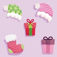Frohe Weihnachten, Geschenkboxen Hut und Socken Icons Design vektor