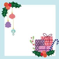 Frohe Weihnachten Geschenkboxen Zuckerstange und hängende Kugeln Karte vektor