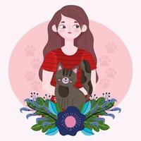 Schönheitsfrauenporträt mit Katzenkarikatur, Haustierkonzept vektor