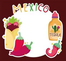 mexico kultur traditionell mat tequila burrito chili peppar etikett mall vektor