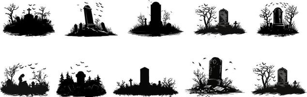 Halloween Grabsteine. Karikatur Friedhof Grabstein Silhouetten, Grusel Halloween Grabsteine mit Kreuze eben Karikatur Illustration Satz. vektor