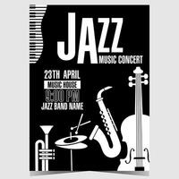 jazz musik konsert affisch eller baner med musikalisk instrument sådan som saxofon, trumpet, cello, hi-hatt och piano nycklar i svart och vit. inbjudan för jazz festival eller leva instrumental musik show. vektor
