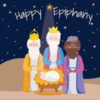 glad uppenbarelse, tre kloka kungar med baby jesus öken nattkort vektor