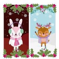 Frohe Weihnachten, süßes Rentier und Kaninchen mit Schallichtern und Stechpalmenbeeren-Grußkarten vektor