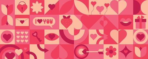 geometrisch nahtlos Muster zum Valentinstag Tag. Vektor Illustration zum Verpackung, Abdeckung, Banner, Netz Design. Hintergrund im Mosaik Stil Geometrie Herz, Lippen, Blume, Pfeil, Augen.