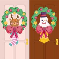 god jul, dekorativ krans med renar och snögubbe i dörrar vektor