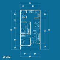 Fußboden planen Entwurf Art 50 qm, Zahl von das notieren skizzieren von das Konstruktion und das industriell Skelett von das Struktur und Maße. Vektor eps 10