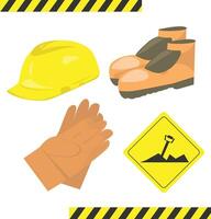 Sicherheit Projekt Ausrüstung Satz. Helm, Handschuh, Schuhe und Zeichen Tafel Vektor Illustration