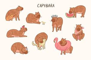 capybara söt djur- vektor illustrationer uppsättning.