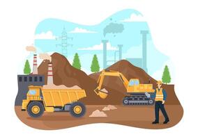 Bergbau Unternehmen Vektor Illustration mit schwer Gelb Kipper Lastwagen zum Sand Bergwerk industriell Prozess oder Transport im eben Karikatur Hintergrund