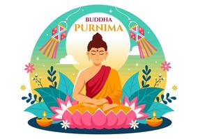 glücklich Buddha Purnima Vektor Illustration von vesak Tag oder indisch Festival zu spirituell mit im ein tief Meditation im eben Karikatur Hintergrund
