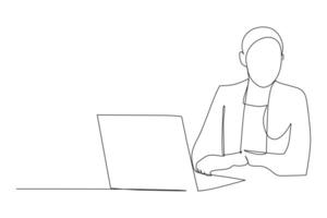Eine durchgehende Strichzeichnung einer jungen ernsthaften Arbeiterin, die nachdenklich sitzt, während sie den Laptop-Bildschirm am Schreibtisch beobachtet. Geschäftskonzept analysieren. Einzeilige Grafikdesign-Vektorillustration zeichnen vektor