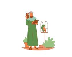 ein Arabisch Mann mit Vögel im ein Käfig und auf seine Schultern. Vektor Design zum Tier Förderung und Annahme Konzept Illustration