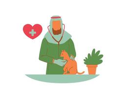 arab muslim veterinärer ta vård av en katt och en röd hjärta ikon dyka upp. djur- vård främja och adoption begrepp och design vektor