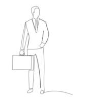 en enda radritning av ung manlig chef som går på stadsgatan för att gå till kontoret medan han håller resväska. urban pendlare arbetare koncept kontinuerlig linje rita design vektor illustration