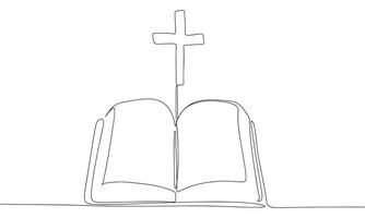 einer Linie kontinuierlich Kreuz im Buch. Linie Kunst Christian Kreuz im Bibel isoliert auf Weiß Hintergrund. Hand gezeichnet Vektor Kunst.