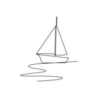 kontinuierlich eine Linie Zeichnung von ein Segelboot auf Meer Wellen und Gliederung Linie Vektor Kunst von ein Meer Boot isoliert Illustration