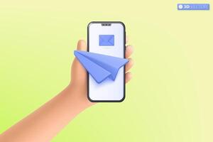 3d Hand halten Handy, Mobiltelefon Telefon Papier Flugzeug Symbol zu senden Email Symbol. abonnieren zu Newsletter, Sozial Medien Marketing Konzept. 3d Vektor isoliert Illustration, Karikatur Pastell- minimal Stil.