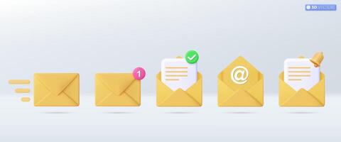 3d gul post kuvert ikon uppsättning symbol. framställa e-post underrättelse med brev, kolla upp märke, papper plan ikoner. kommunikation begrepp. 3d vektor isolerat illustration, tecknad serie pastell minimal stil.