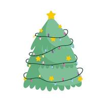 god jul, träd med gyllene stjärnor och lampor firande ikon isolering vektor