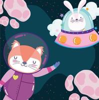 Weltraumastronaut Fuchs und Kaninchen im UFO-Abenteuer erkunden Tierkarikatur vektor