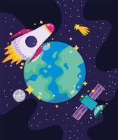 Weltraum Planet Erde Rakete Satelliten Mond Sternschnuppe Cartoon vektor