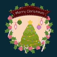 god jul krans träd bollar godis band och järnek bär vektor