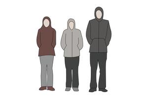 Gruppe von Menschen tragen Kapuzenpullover. eben Vektor Illustration isoliert auf Weiß Hintergrund.