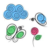 Schmetterlinge, Spiral- Wolke und blühen Rose im modisch Marker Farbe. ser von 4 stilisiert Design Elemente vektor