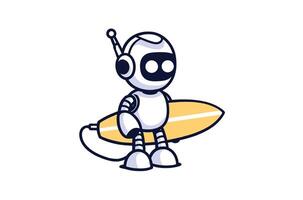 süß Roboter bringen ein Surfbrett zum Surfen Karikatur Vektor Symbol Illustration. Wissenschaft Essen Symbol Konzept isoliert Prämie Vektor. eben Karikatur Stil