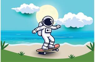 süß Astronaut Reiten Skateboarding auf Strand Karikatur Vektor Symbol Illustration. Wissenschaft Essen Symbol Konzept isoliert Prämie Vektor. eben Karikatur Stil