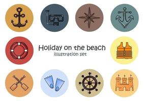Reihe von handgezeichneten Symbolen über Urlaub am Meer oder am Strand vektor