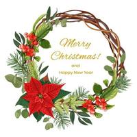 Weihnachtskranz mit rotem Weihnachtsstern, Eukalyptuszweigen, Fichten und roten Beeren. botanisches Dekor des neuen Jahres. Einladung, Grußkarte, Banner auf weißem Hintergrund. vektor