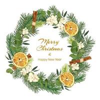 Weihnachts- und Neujahrskranz mit Fichtenzweigen, Eukalyptus, Schneebeere, getrockneten Orangen und Zimt. Feiertagsgrußkarte. Aktienvektorillustration lokalisiert auf einem weißen Hintergrund.