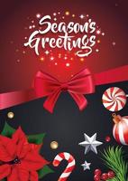 Weihnachtsgrüße Poster mit Tannenzweig, Weihnachtsschmuck und roter Satinschleife, Zuckerstange, Blumen
