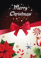 god jul hälsning affisch med gran gren med juldekorationer och röd satin rosett vektor