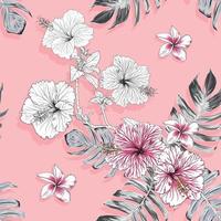 nahtloses Muster floral mit Hibiskus-Frangipani-Blüten und Monstera-Blatt abstrakter rosa Pastellhintergrund vektor