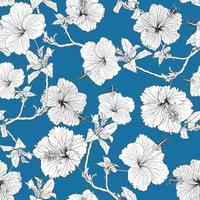 nahtlose Muster tropischen Sommer mit schwarz-weißen Hibiskusblüten auf isolierten blauen background.vector Illustration Handzeichnung Strichzeichnungen. vektor