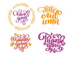 Satz Kalligraphie-Phrasen Hallo Herbst, vielen Dank für Thanksgiving Day. Holiday Family Positive Zitate Beschriftung. Postkarten- oder Plakatgrafikdesign-Typografieelement. Hand geschriebener Vektor