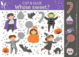 Vektor-Halloween-Schnitt- und Klebeaktivität. Herbstlernspiel mit süßen Kindern in gruseligen Kostümen und Süßes oder Saures. lustige Aktivität für Kinder. vektor