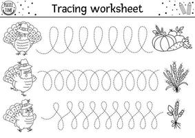 Vektor Thanksgiving Handschrift Praxis Arbeitsblatt. Herbstliche druckbare Schwarz-Weiß-Aktivität für Kinder im Vorschulalter. Fall-Tracing-Spiel zum Schreiben von Fähigkeiten mit niedlichen Truthähnen und Ernte